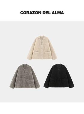 【莫迪】加厚100绵羊毛保暖绵密一体V领拼接拉链廓形毛毛外套-625