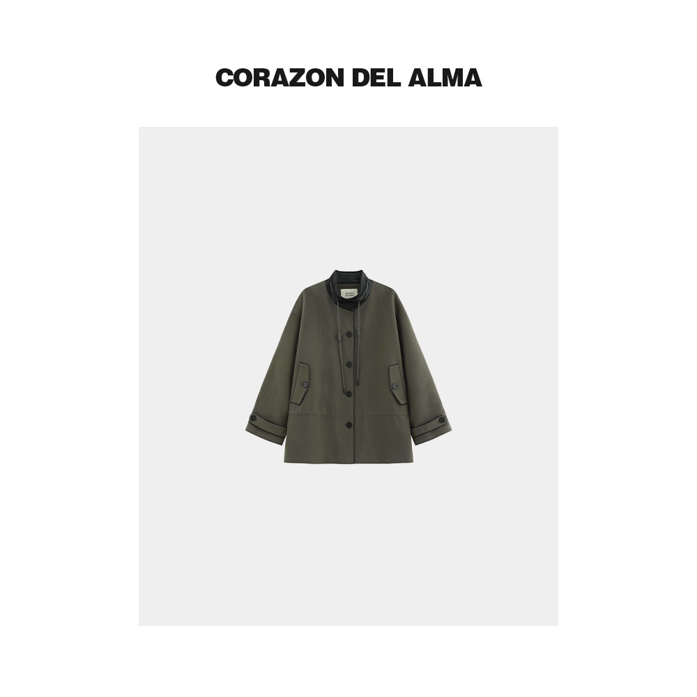 【蒙特】复古巴恩风水洗棉拼皮翻领时髦感工装廓形夹克外套-25067