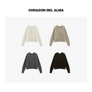 902 400克加厚连帽100山羊绒慵懒软糯拉链毛织叠穿小开衫 云期