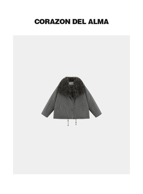 【斯卡】复古水洗烟灰羊毛皮真毛领+三星90鹅绒廓形派克羽绒服138