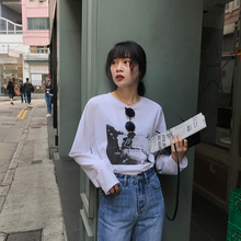 宽松韩版 新款 圆领打底衫 复古印花内搭纯棉长袖 JHXC T恤女2019春季
