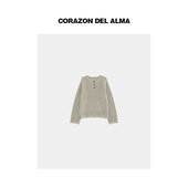 复古波纹镂空开叉小V领毛针织上衣W235 重磅全棉提花挑洞 麦卡