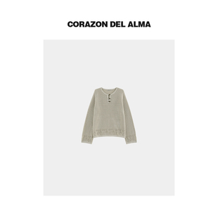 复古波纹镂空开叉小V领毛针织上衣W235 重磅全棉提花挑洞 麦卡