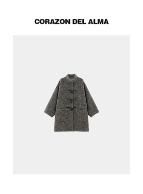 【景明】重磅羊驼羊毛花呢真皮牛角扣复古廓形毛呢外套大衣-FW318