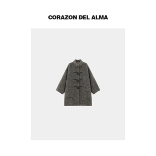 FW318 重磅羊驼羊毛花呢真皮牛角扣复古廓形毛呢外套大衣 景明