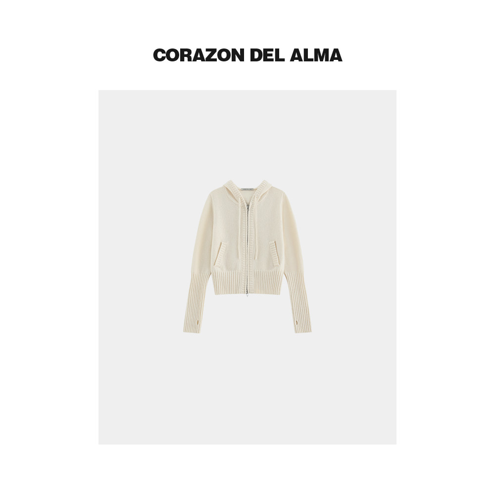 连帽拉链针织上衣小开衫