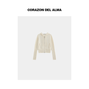 松弛感随性连帽拉链针织上衣小开衫 超细100绵羊毛 AW163 椰乳