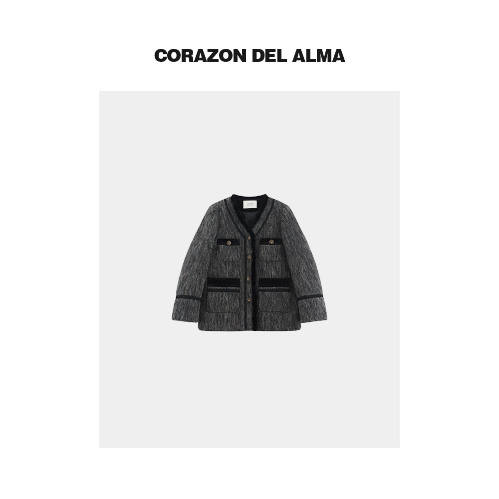 【浮迎】高级烟灰立体超长绵柔羊毛+95进口鹅绒小香毛呢羽绒服252