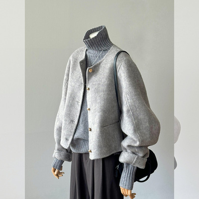 灰色毛呢外套高领毛衣套装女秋冬