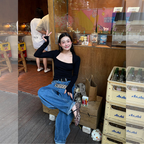 美式修身打底衫阔腿牛仔裤套装女