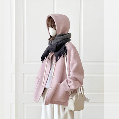 粉色连帽短款毛呢外套女