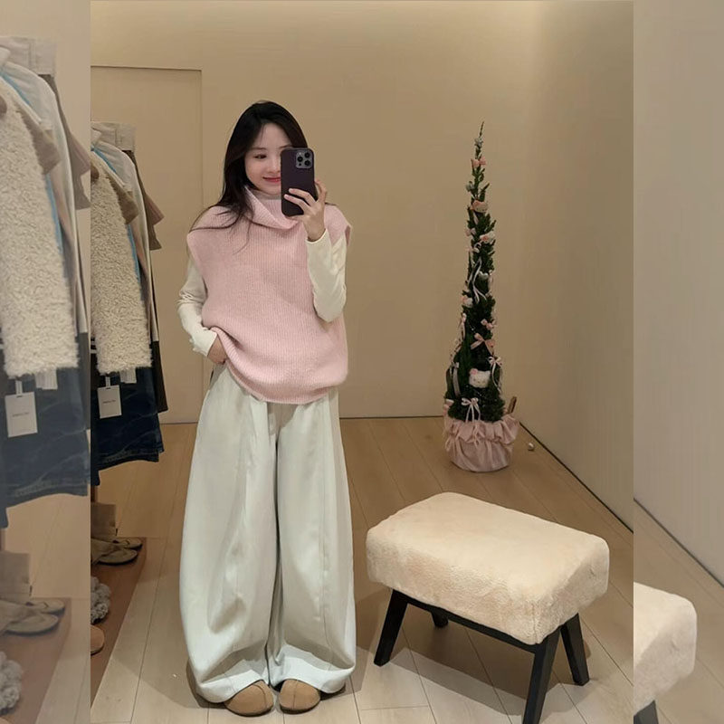 韩系粉色高领无袖针织背心女2026春季新款叠穿马甲阔腿长裤两件套,女装/女士精品,大码套装,淘宝优惠券,粉丝福利购,淘宝优惠卷