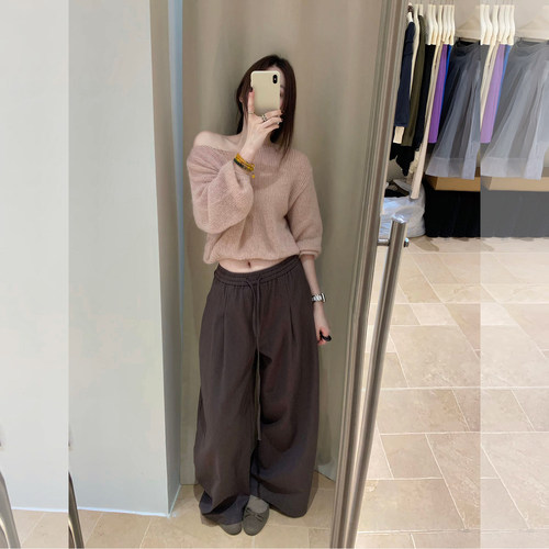 多巴胺浅粉针织上衣阔腿裤套装女