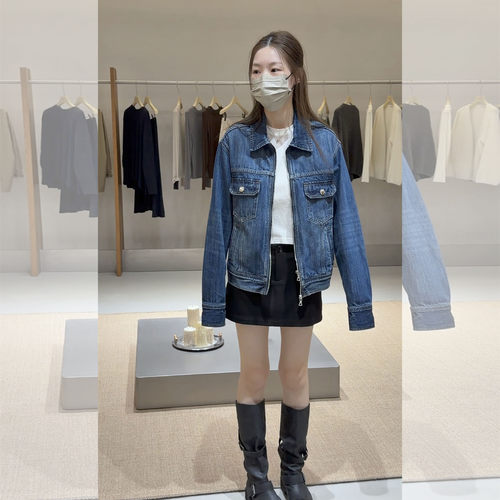 韩系小个子翻领蓝色拉链牛仔外套