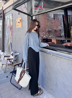 韩系ootd穿搭一整套夏季松弛感薄款灰色针织T恤高腰半身裙套装女