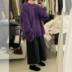 紫色宽松套头圆领软糯毛衣外穿女秋冬韩系慵懒风高级感针织衫上衣