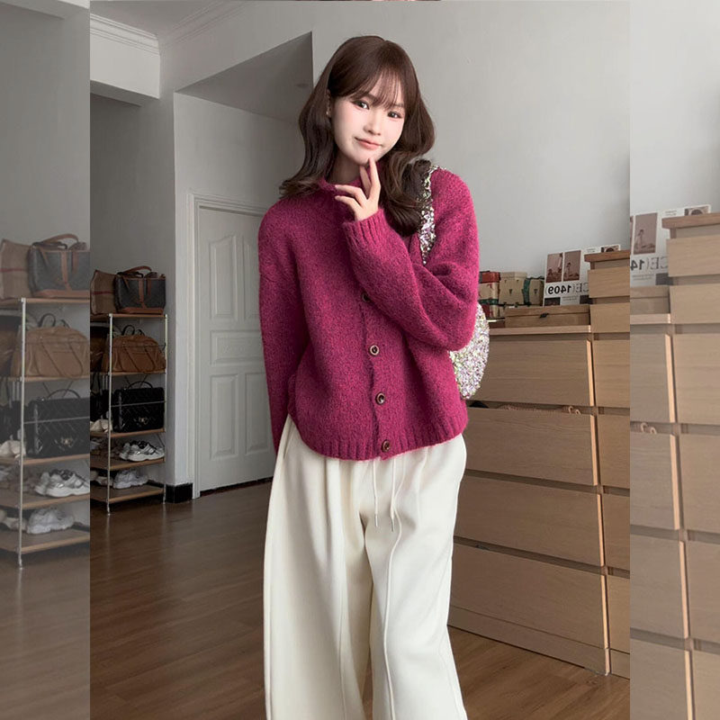 2026春季玫红色立领针织毛衣套装女超火休闲巨好看韩式搭配一整套,女装/女士精品,大码套装,淘宝优惠券,粉丝福利购,淘宝优惠卷