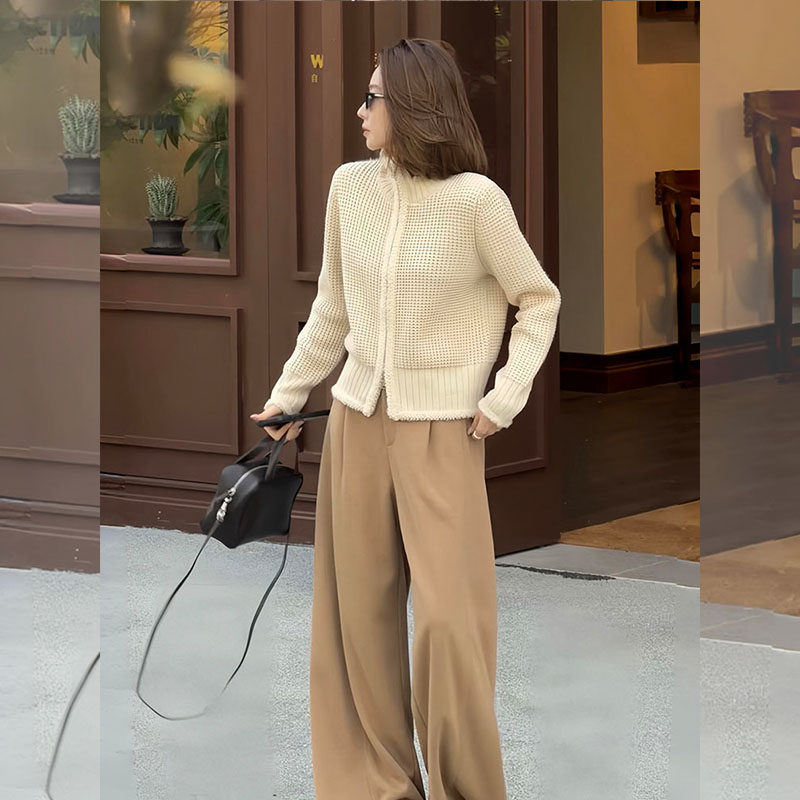 韩系一整套ootd穿搭2026年春季华夫格米杏色针织开衫阔腿裤套装女,女装/女士精品,大码套装,淘宝优惠券,粉丝福利购,淘宝优惠卷
