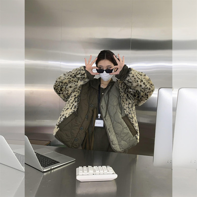 豹纹拼接羊羔毛棉衣棉服外套女