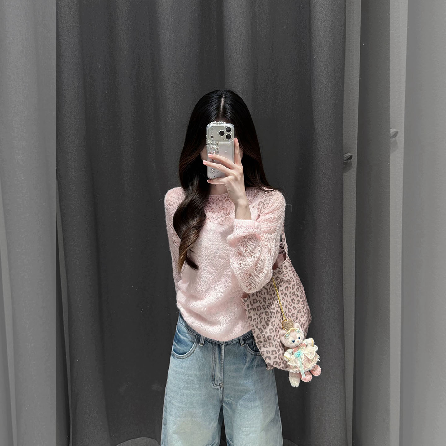 温柔风粉色针织上衣牛仔裤套装女图片