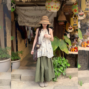 初夏独特绝美小套装女韩系印花挂脖背心高腰裤裙度假风穿搭一整套