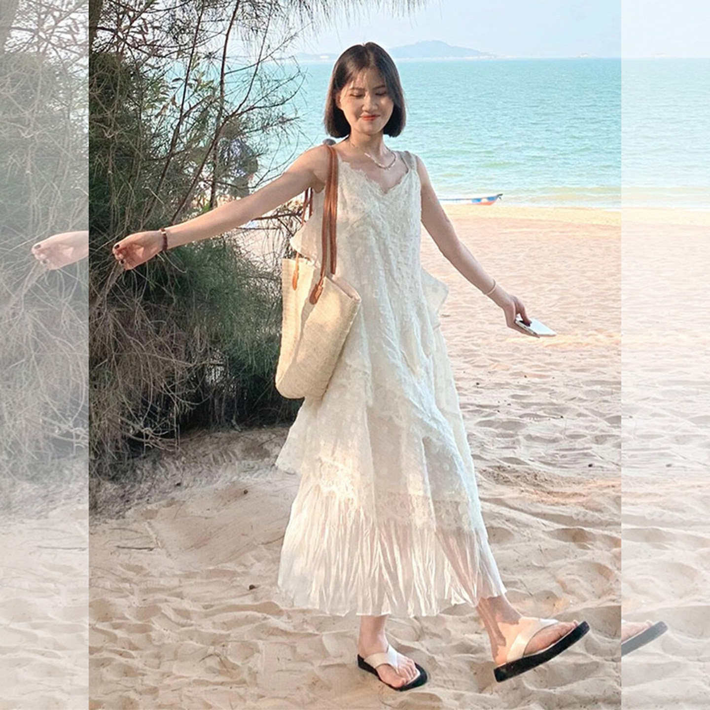 绝美蕾丝花边不规则吊带沙滩裙女图片