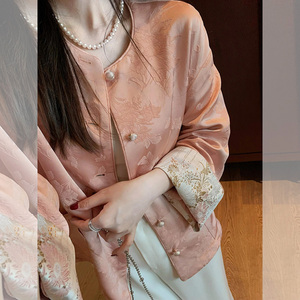 早秋新款宋锦新中式唐装中国风女装圆领上衣粉色提花外套女春秋款