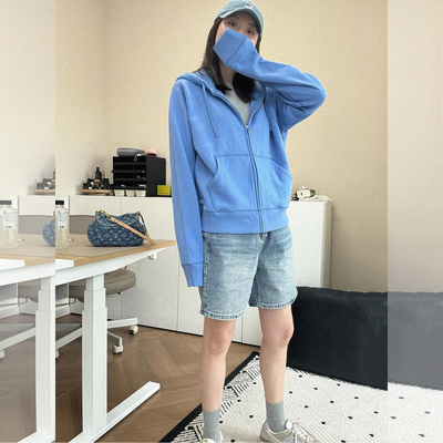 慵懒风拉链连帽卫衣牛仔短裤套装