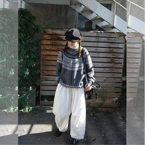 费尔岛提花毛衣灯芯绒阔腿裤套装
