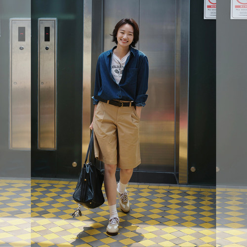 老钱风复古牛仔衬衫五分裤套装女
