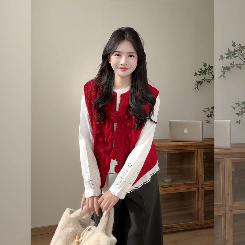 2026春季新款立体花朵针织背心女士新年战袍红色时尚绝美开衫马甲,女装/女士精品,常规大码外套,淘宝优惠券,粉丝福利购,淘宝优惠卷