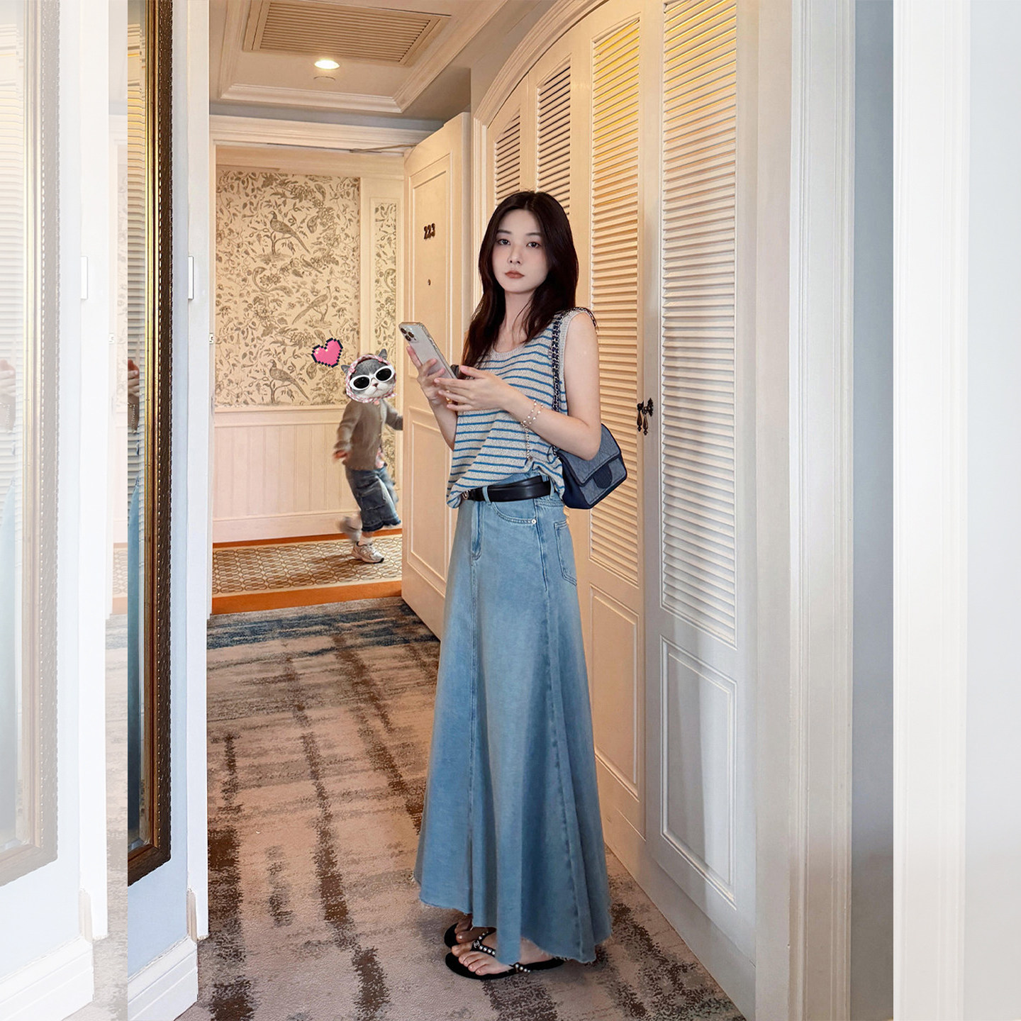 法式条纹针织背心牛仔半裙套装女图片