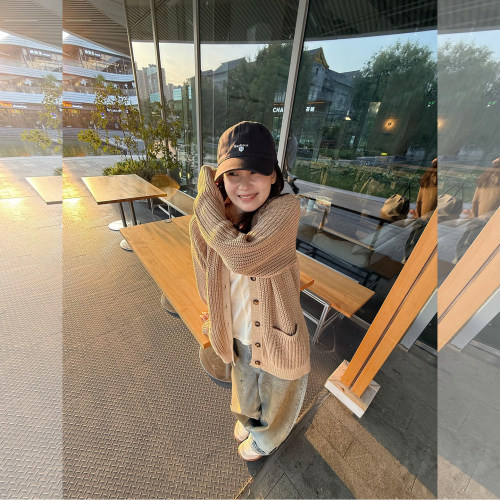 慵懒风粗线针织开衫牛仔裤套装女