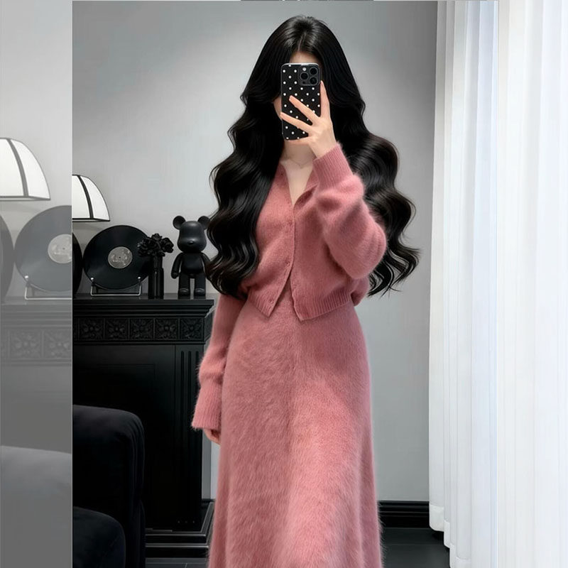 小香风粉色温柔穿搭一整套女装超好看冬季新款针织开衫半身裙套装,女装/女士精品,大码套装,淘宝优惠券,粉丝福利购,淘宝优惠卷