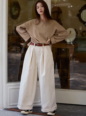 新款【民艺】秋冬款玉白色高密松紧腰阔腿直筒裤