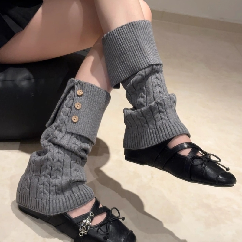 秋冬雪地靴针织袜套女保暖加厚纽扣开叉长筒堆堆袜棕色百搭小腿套
