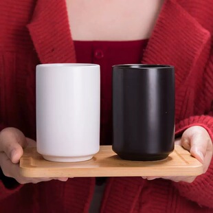 简约黑白陶瓷直筒杯茶杯饮料无手柄酒店牙刷漱口杯套装情侣马克杯