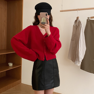 ［3.8折清货］MEIMEI梁美美100%羊毛红色针织开衫 毛衣女宽松外套