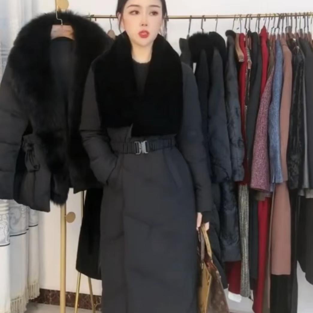 2025新款高端大牌鹅绒羽绒服女丝绒大翻领中长款系带收腰加厚外套