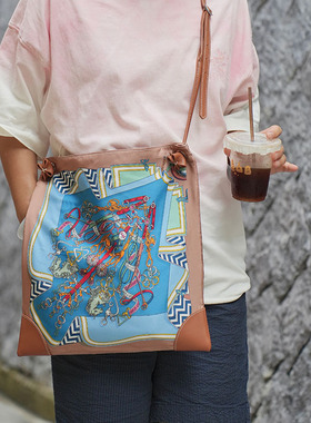 驰骋蔚蓝 真丝印花手提包H家休闲通勤挎包桑蚕丝单肩包真皮包边