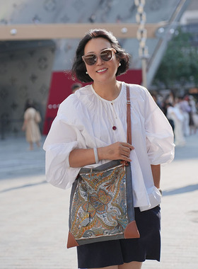 细密画 真丝印花手提包H家休闲通勤挎包桑蚕丝单肩包真皮包边