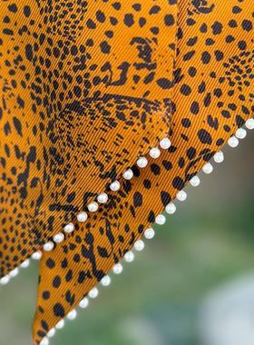 窥豹-100%真丝斜纹丝绸双层中国风印花花卉流苏长丝巾飘带