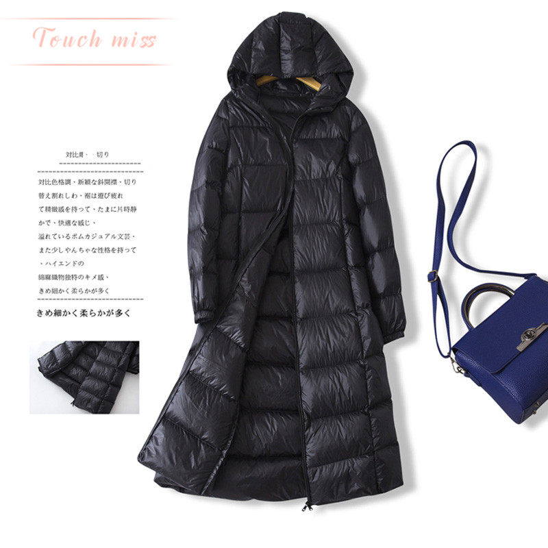 XELON高端品牌百搭便携修身轻薄款羽绒服女长款黑色显瘦过膝