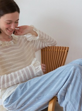 Te by frigidOrg 24秋冬新品 荷叶领条纹针织套头衫 舒服毛绒感