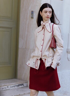 Te by frigidOrg 25秋冬新品 樱桃绣花抽绳条纹衬衣原创设计