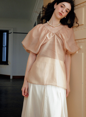 Te by frigidOrg 24早春落日情人 薄纱泡泡袖V领上衣仙气小众感