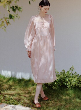 Te by frigidOrg 25秋冬新品植物烧花方领收腰连衣裙复古法式仙女