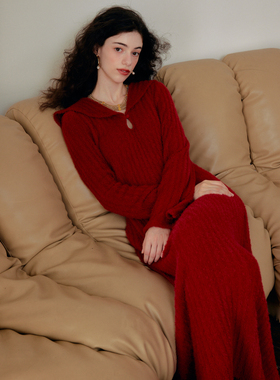 Te by frigidOrg 23秋冬海军领毛绒条纹针织连衣裙红色圣诞新年