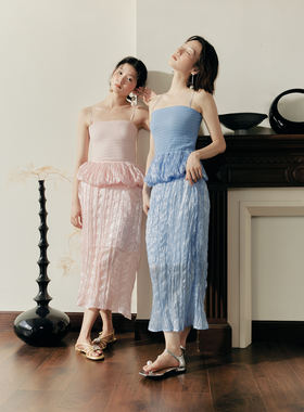 Te by frigidOrg 23早秋涟漪系列珠光褶皱纱肌理针织抹胸套装开衫