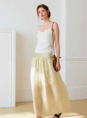 Te by frigidOrg 25春夏新品细褶装饰珠光长半裙奶油杏绿色大伞裙